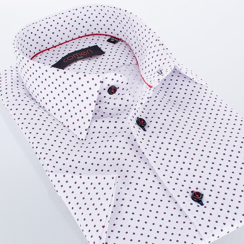 Koszula Comen z krótkim rękawem - biała ze wzorem w czerwone kwadraty