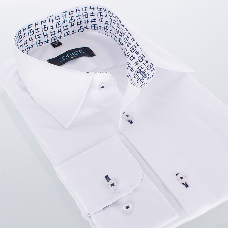 Biała koszula Comen z długim rękawem - slim - czarne wykończenie