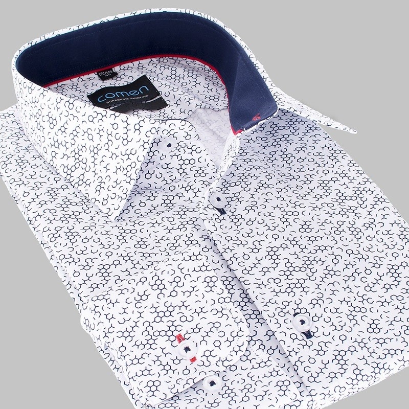 Biała koszula Comen regular dł. rękaw ze wzorem - plaster miodu