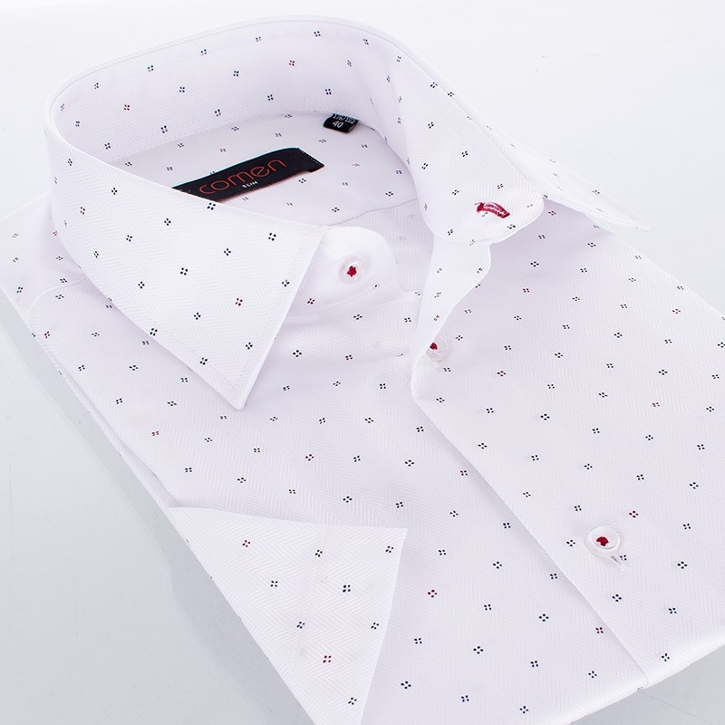 Koszula Comen z krótkim rękawem biała w jodełkę ze wzorem z kropek