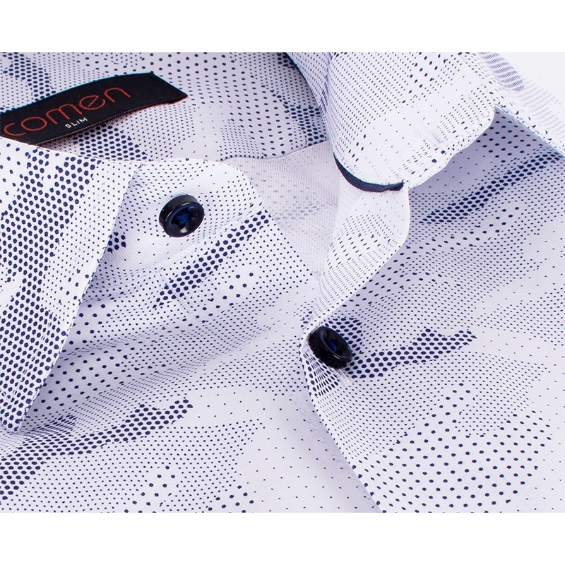 Biała koszula Comen z krótkim rękawem - mozaika z granatowych kropek