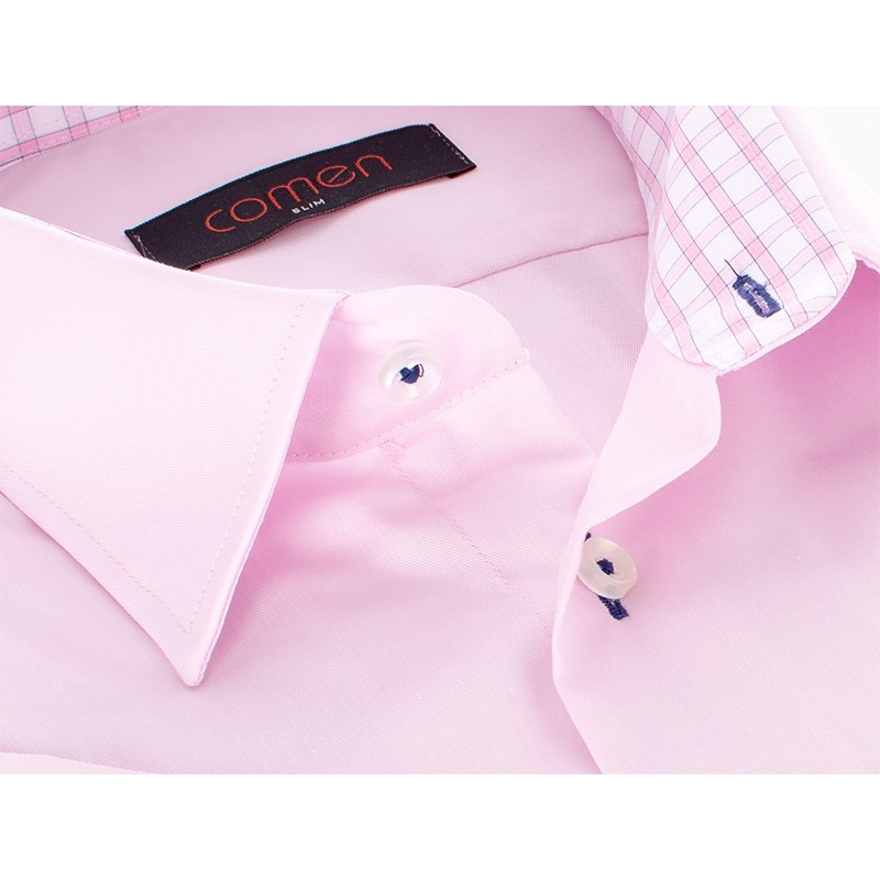Różowa koszula Comen z krótkim rękawem i wykończeniem w kratkę - slim