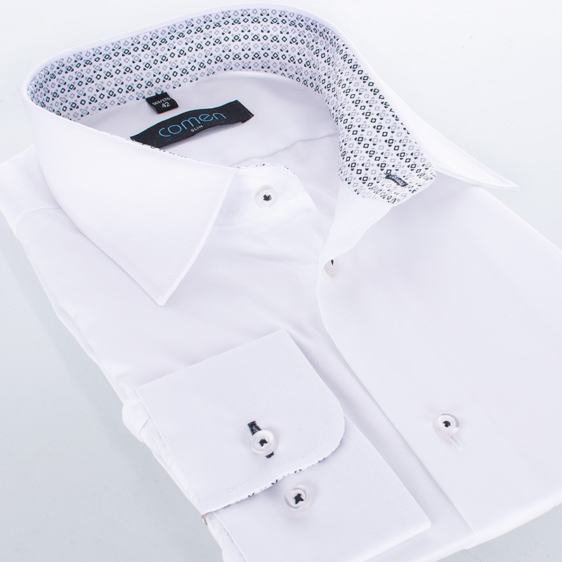 Biała koszula Comen z długim rękawem i wykończeniem w drobne kwadraciki