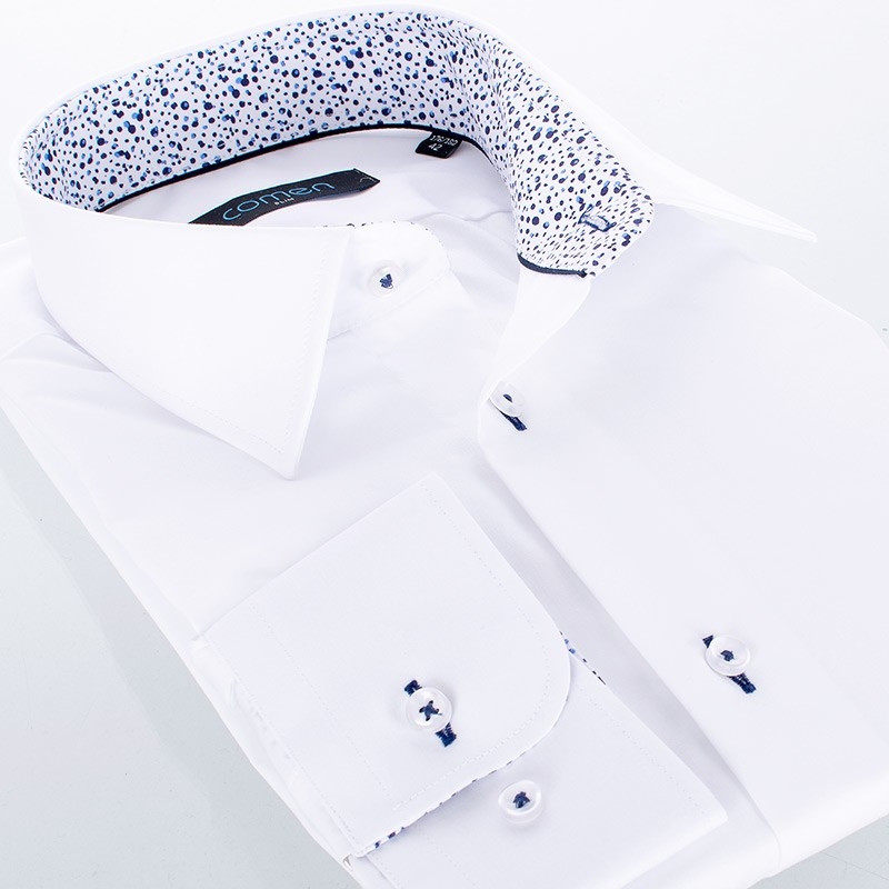 Biała koszula Comen z granatowo-niebieskim wykończeniem w kropki -slim