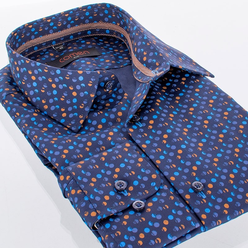 Granatowa koszula Comen z długim rękawem ze wzorem w kolorowe kropki