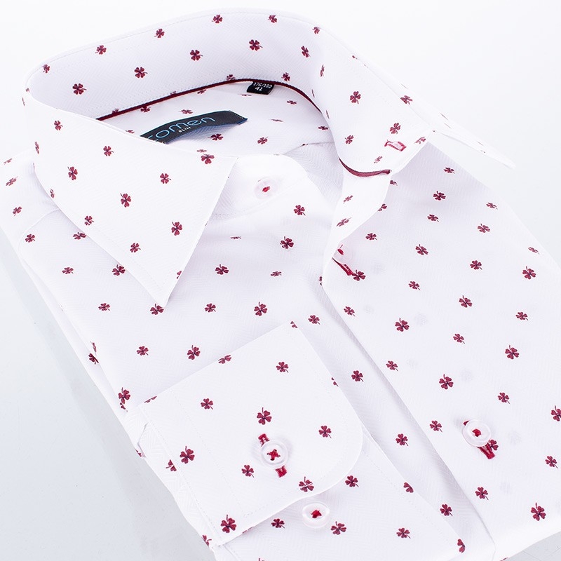 Koszula Comen z długim rękawem - biała ze wzorem w czerwone koniczyny