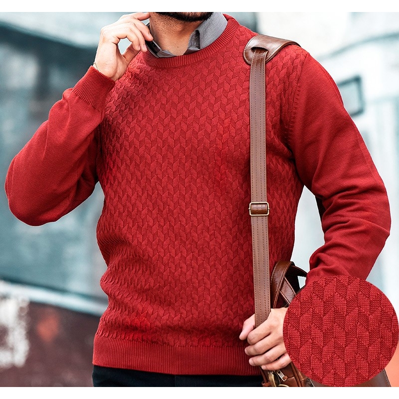 Sweter u-neck Lasota Denis pod szyję burgundowy ze wzorem r M L XL 2XL