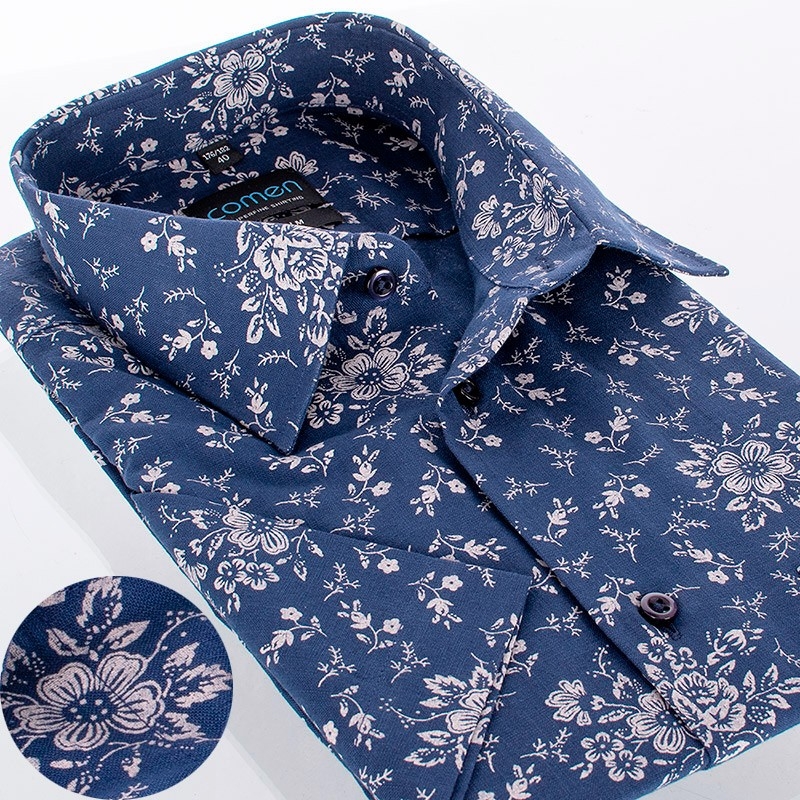 Granatowa koszula Comen z krótkim rękawem - wzór beżowe duże kwiaty