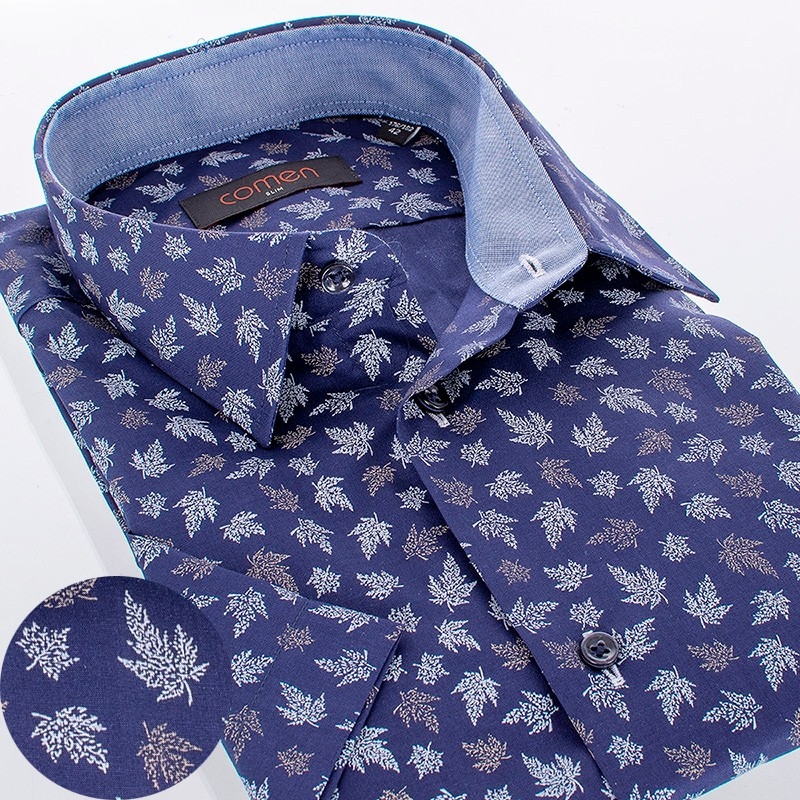 Granatowa koszula Comen ze wzorem w liście - krótki rękaw - slim