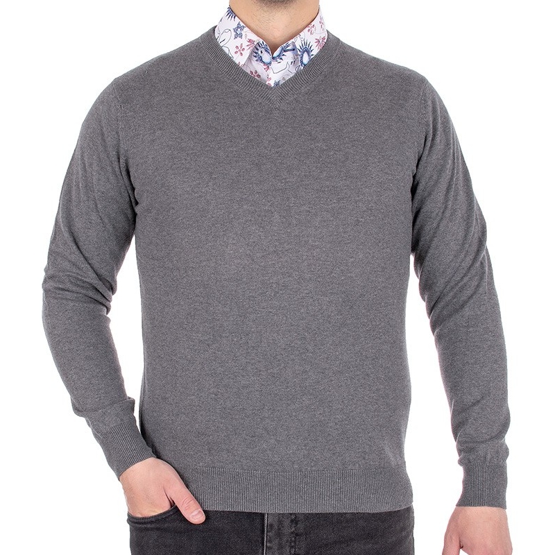 Szary bawełniany sweter Adriano Guinari w szpic roz. S M L XL 2XL 3XL