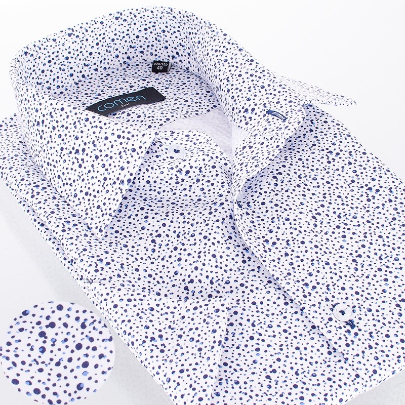 Biała koszula Comen z kr. rękawem w granatowe i niebieskie kropki slim