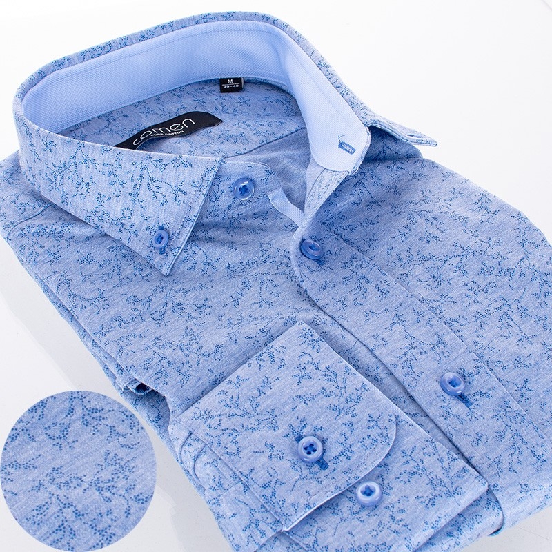 Niebieska koszula dzianinowa Comen długi rękaw ze wzorem z gałązek