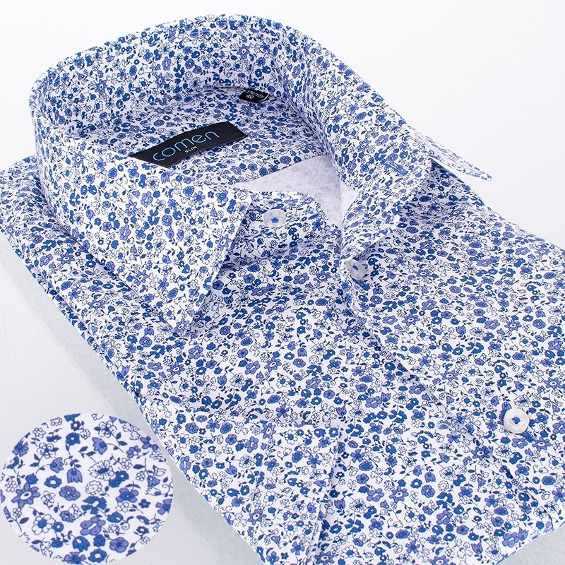 Koszula Comen z krótkim rękawem w granatowo-niebieskie kwiatki - slim
