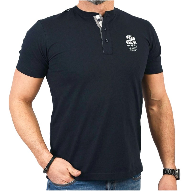 Granatowy t-shirt bawełniany z kr. rękawem Pako Jeans TPJ Mind GR z guziczkami