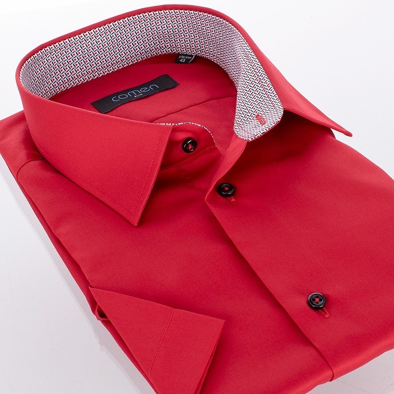 Czerwona koszula z krótkim rękawem Comen z ciemnymi guzikami - slim