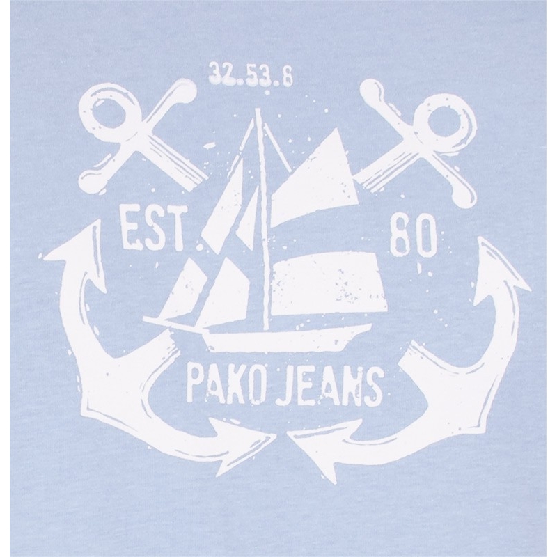 Błękitny t-shirt z krótkim rękawem Pako Jeans T2M 9 Ship Bł ze wzorem