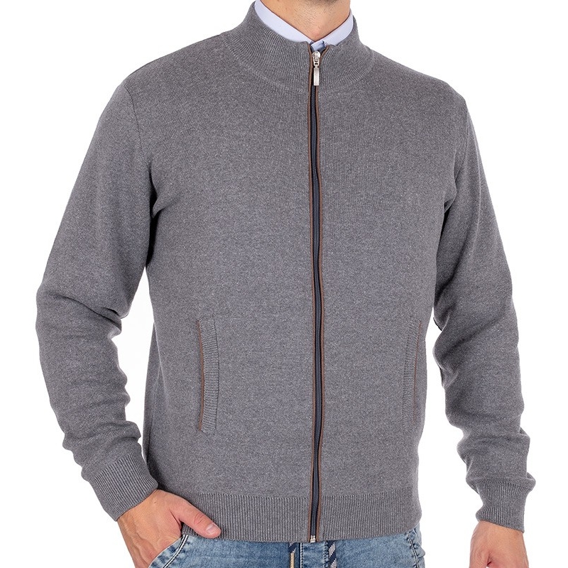Popielaty rozpinany sweter Lidos 4530Z z ozdobną lamówką