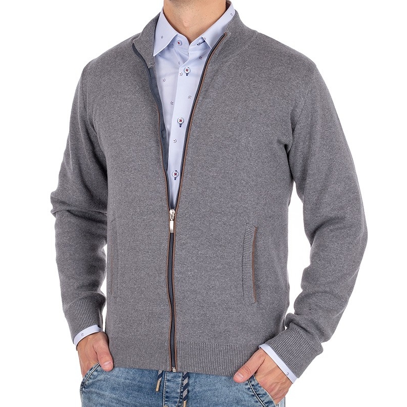 Popielaty rozpinany sweter Lidos 4530Z z ozdobną lamówką