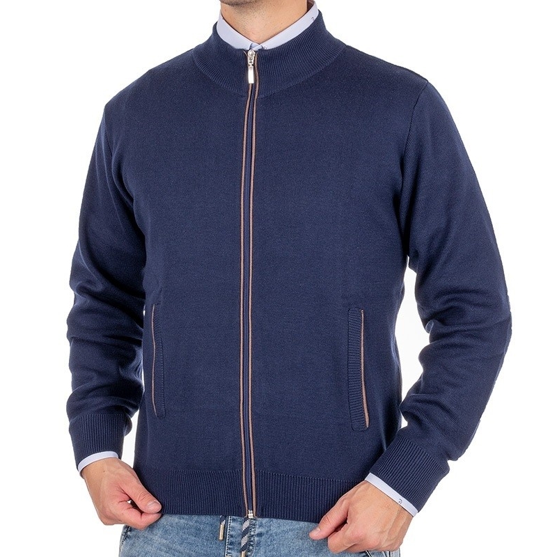 Granatowy rozpinany sweter Lidos 4530Z z kieszeniami i ozdobną lamówką