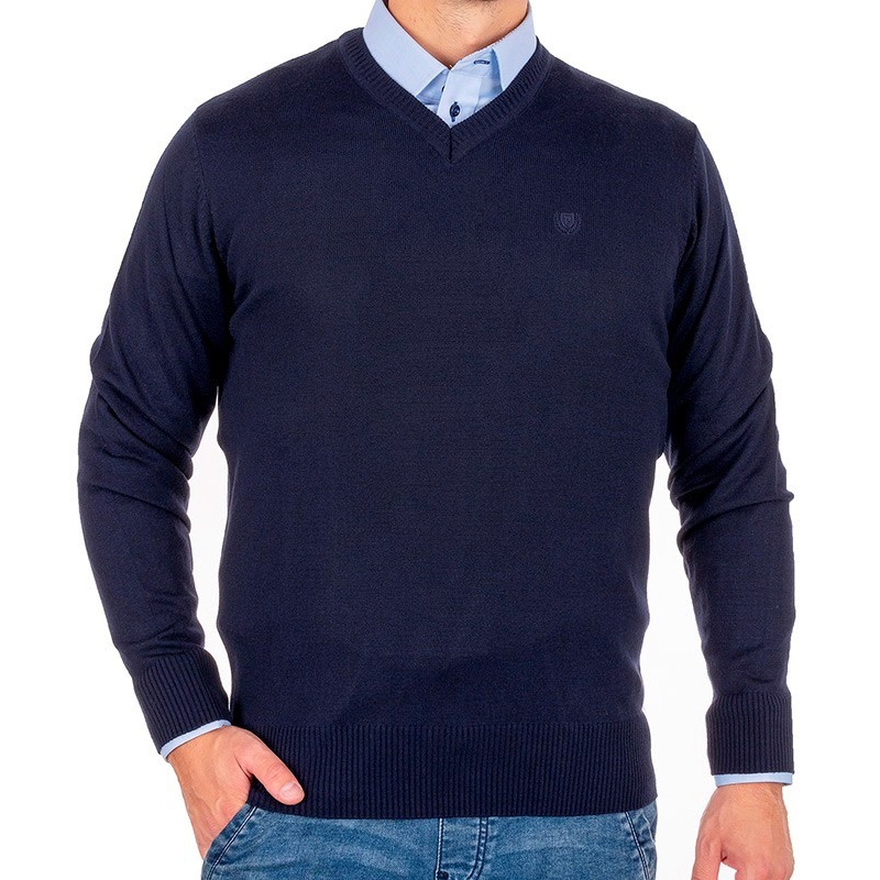 Granatowy sweter wełniany v-neck w serek Pako Jeans