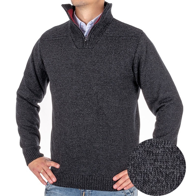 Grafitowy sweter Lidos 4538P-Z z krótkim zamkiem i wysokim golfem
