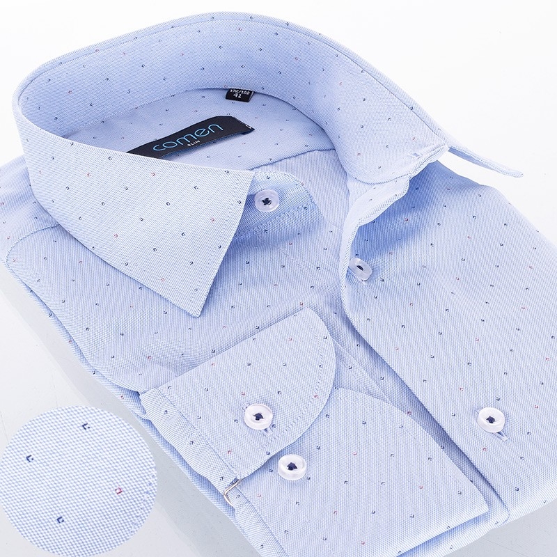 Błękitna koszula Comen z długim rękawem ze wzorem w delikatne punkty - slim