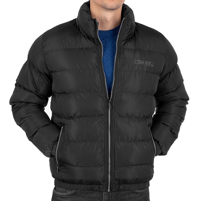 Czarna zimowa pikowana kurtka Pako Jeans Shaft CZ z odpinanym kapturem