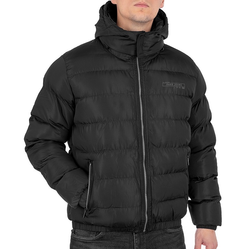 Czarna zimowa pikowana kurtka Pako Jeans Shaft CZ z odpinanym kapturem