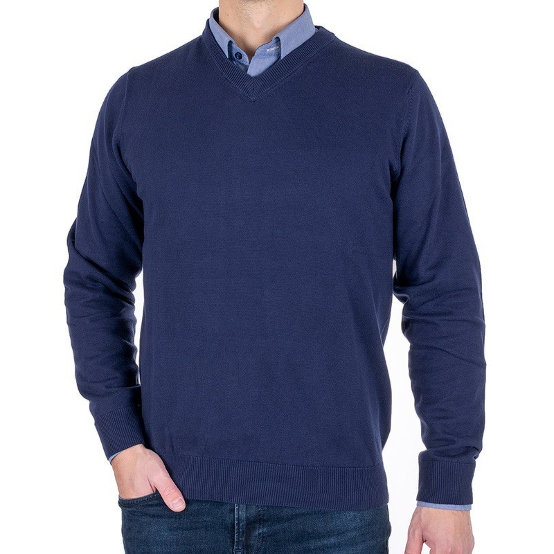 Granatowy sweter w szpic Adriano Guinari - 100% bawełna