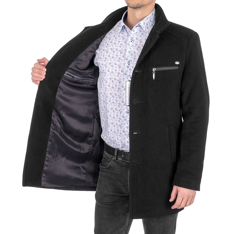 Czarny wełniany płaszcz Racmen 2890 Miki z górną kieszenią na suwak
