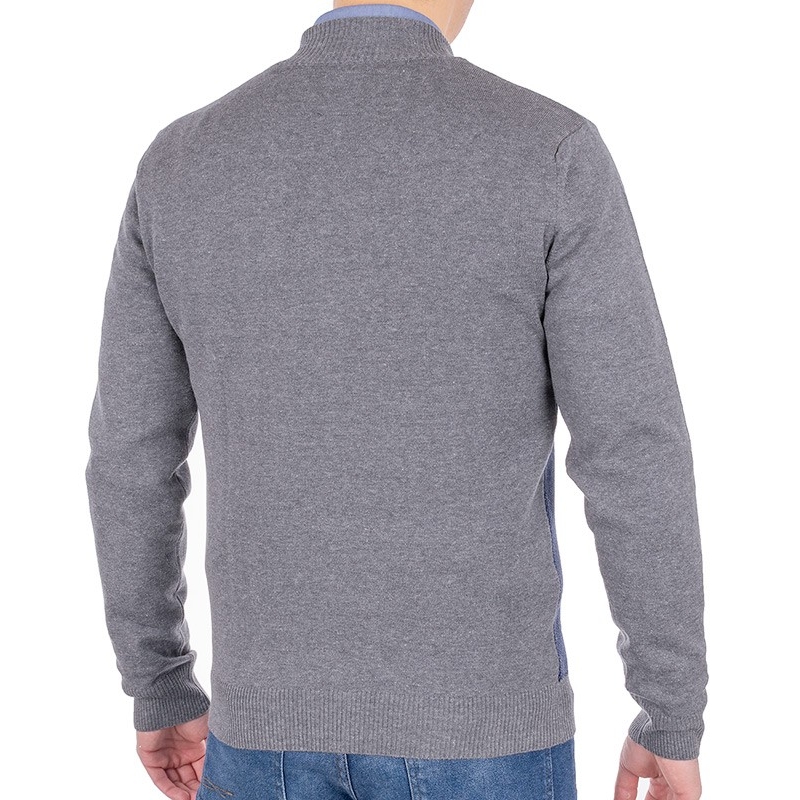 Szary sweter rozpinany Tris Line 2251GZ z jeansowym wzorem z przodu
