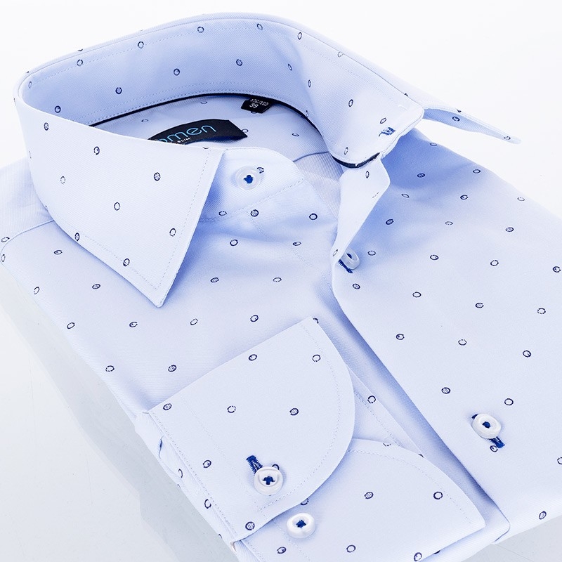 Błękitna koszula Comen ze wzorem w kółka z długim rękawem - slim