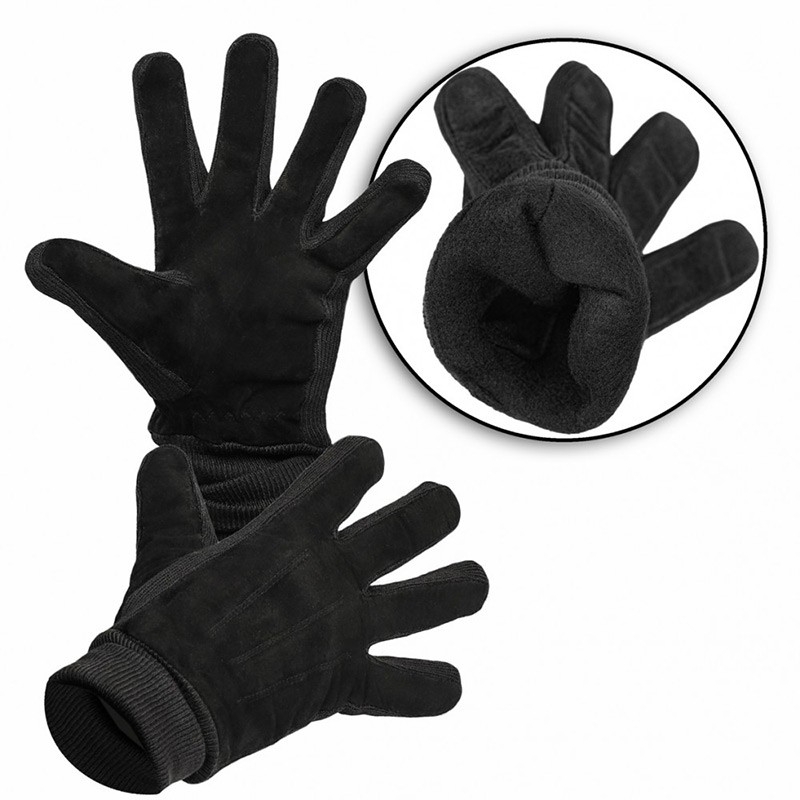 Czarne rękawiczki męskie z irchy ze ściągaczem - skóra naturalna