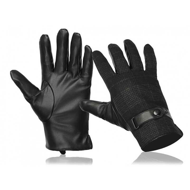 Czarne rękawiczki męskie w szeroką kratkę z regulacją przy nadgarstku