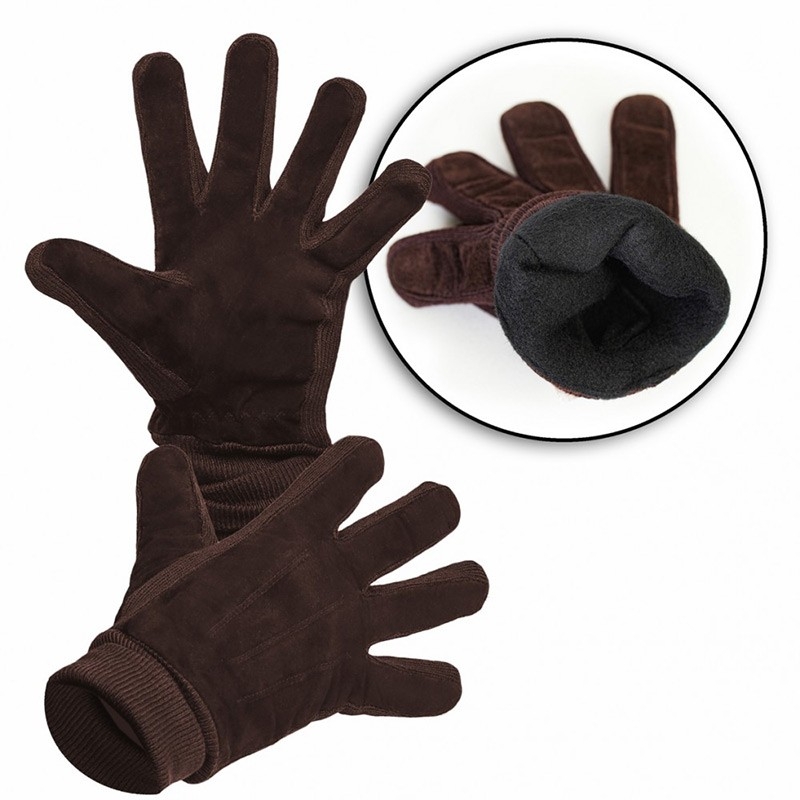 Brązowe rękawiczki męskie z irchy ze ściągaczem - skóra naturalna