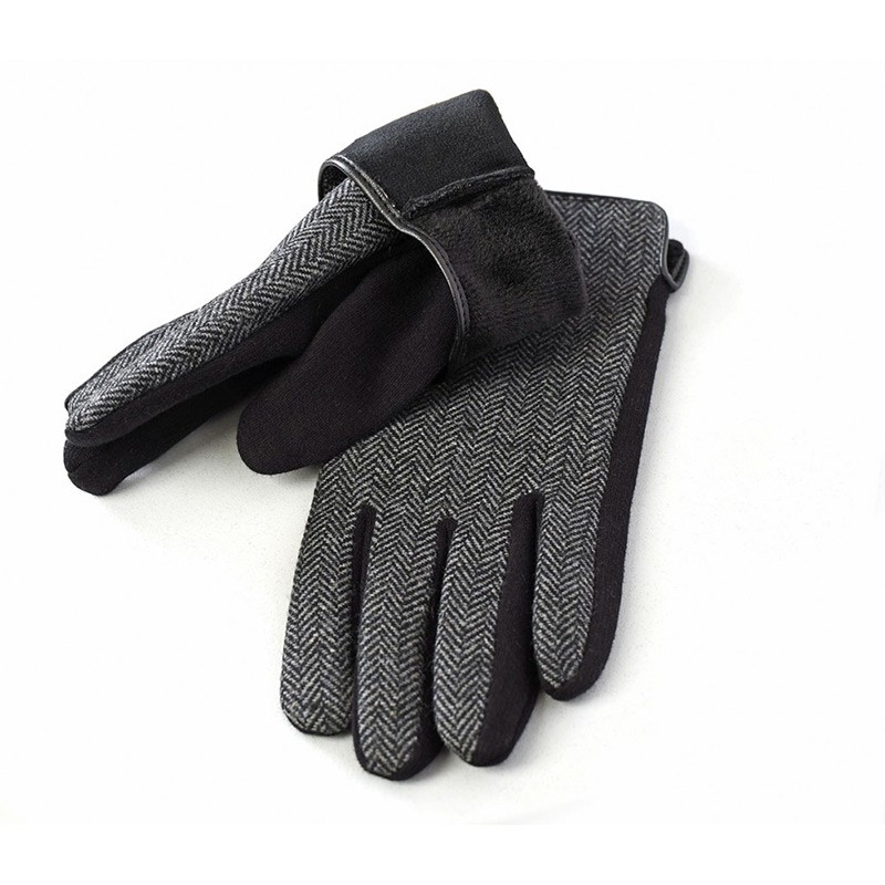 Czarne rękawiczki męskie w szarą jodełkę na zewnątrz