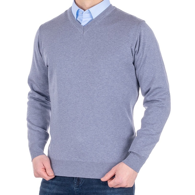 Jasnoniebieski gładki sweter wełniany Trikko w szpic r. M L XL 2XL 3XL
