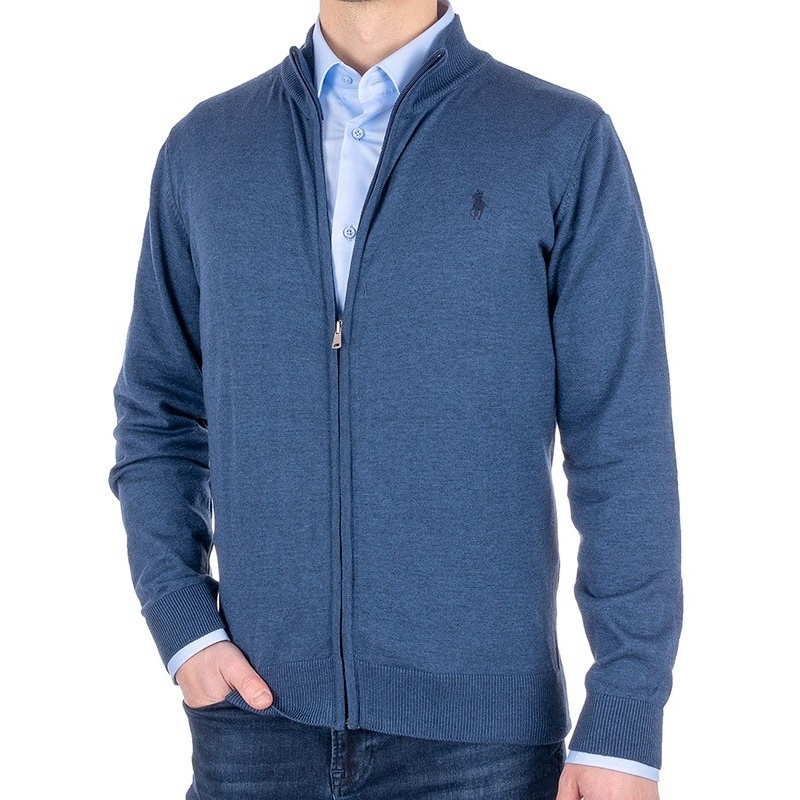 Niebieski sweter rozpinany Expoman cienki z niską stójką