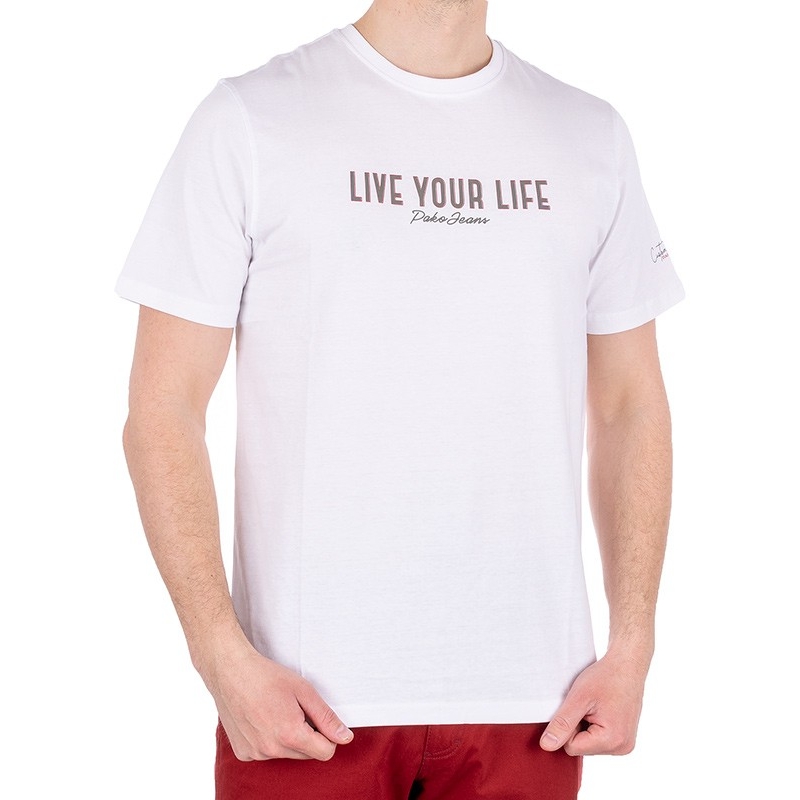 Biały t-shirt z krótkim rękawem Pako Jeans T3M 7 Life BI z nadrukiem