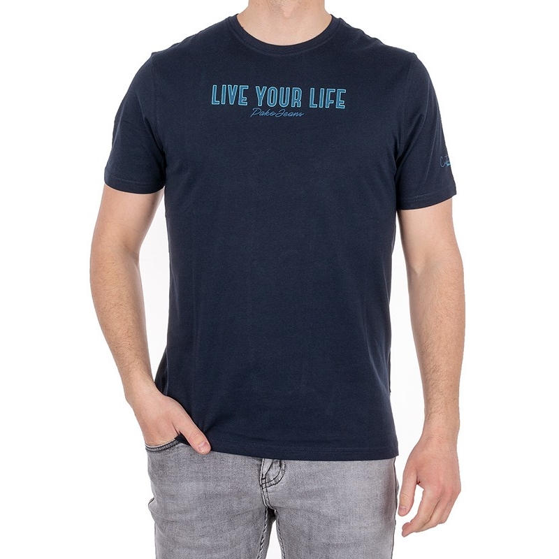 T-shirt Pako Jeans T3M 7 Life GR granatowy z niebieskim napisem