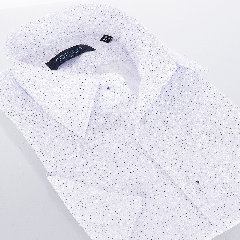 Biała koszula Comen z krótkim rękawem - wzór z granatowych kropek
