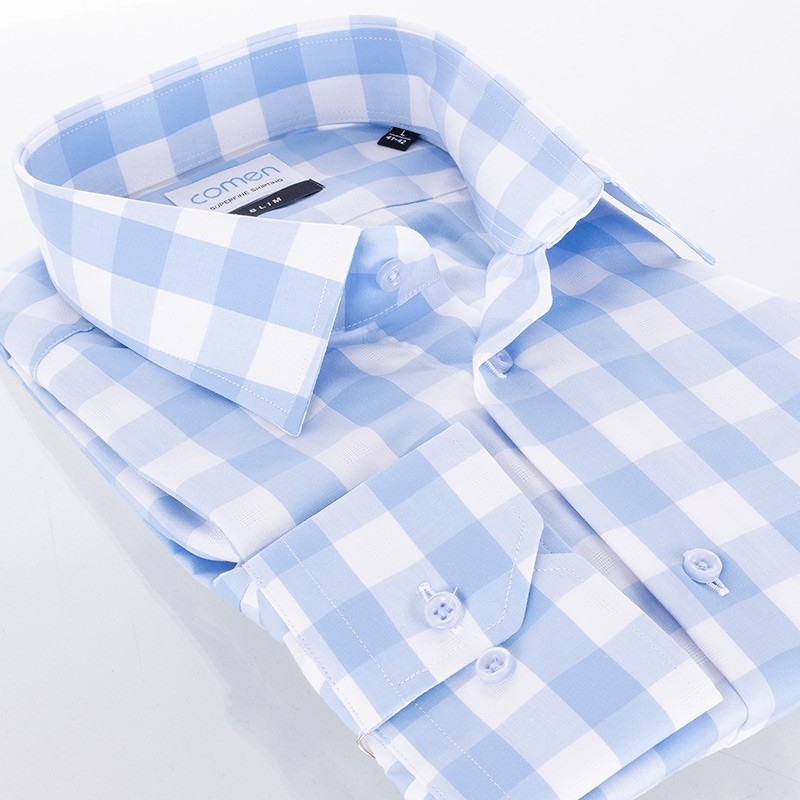 Biało-niebieska koszula w kratkę Comen z długim rękawem - fason slim