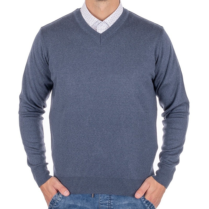 Sweter wełniany Trikko w szpic kolor havaci jeansowy