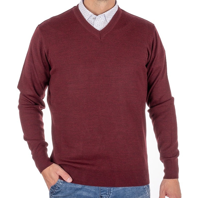 Bordowy sweter wełniany Trikko w szpic r. M L XL 2XL 3XL