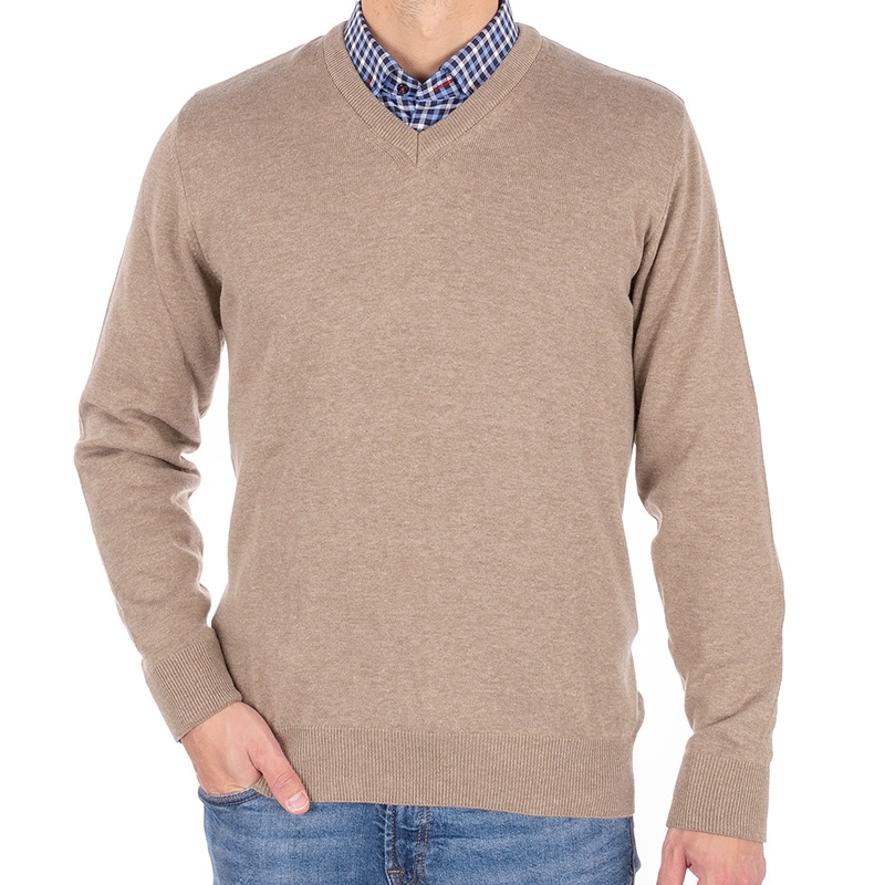 Beżowy sweter z bawełny Weens w serek kolor melanżowy