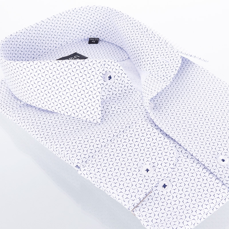 Biała koszula Comen z dł. rękawem - drobny gęsty granatowy wzór - slim