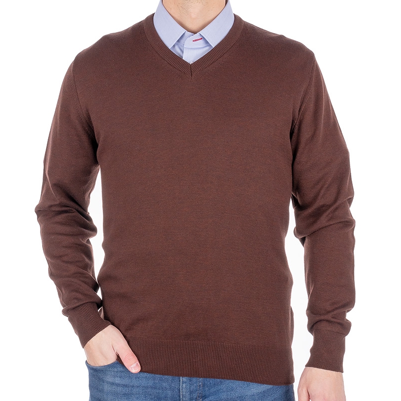 Brązowo-czekoladowy bawełniany sweter Weens w serek kolor melanżowy