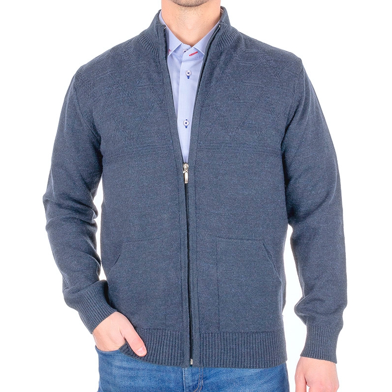 Jeansowy wełniany sweter rozpinany Weens WS5444 - lekko zdobiony górą