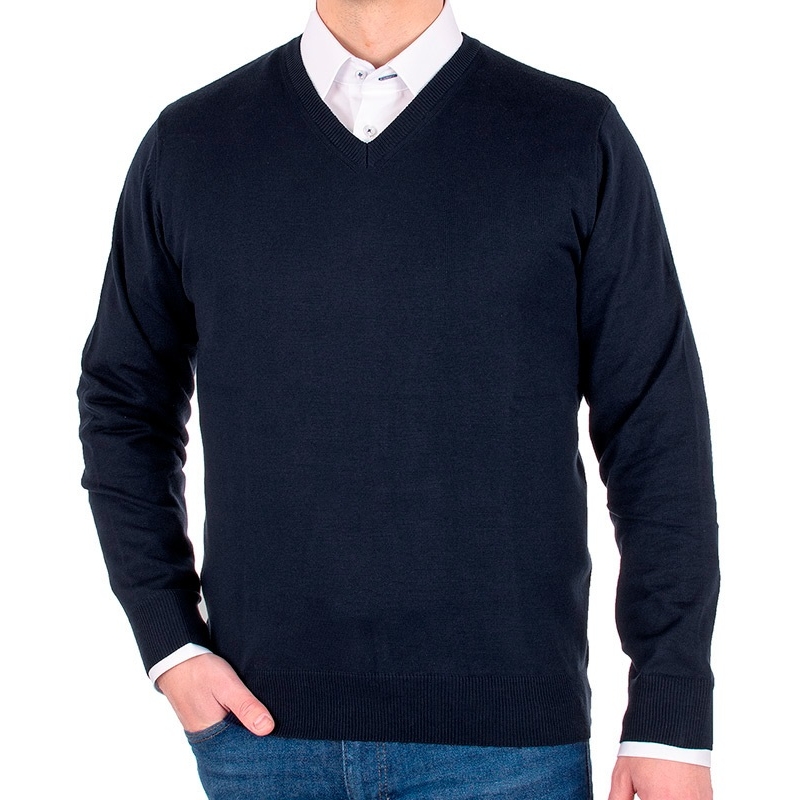 Granatowy sweter wełniany Trikko w szpic v-neck rozmiar M L XL 2XL
