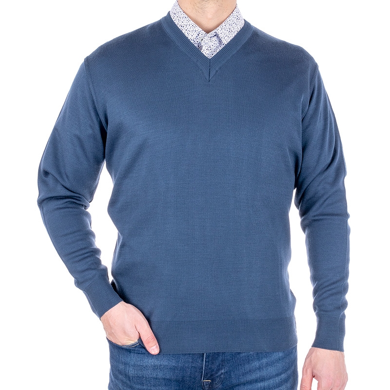 Niebieski gładki sweter wełniany Devir V1000 w szpic